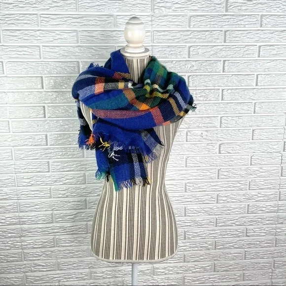 Multicolored Plaid Flannel Shawl Scarf with Fringe Blue Yellow Black Orange - Picture 6 of 6